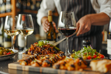 Professional Chef Garnishing Exquisite Italian Pasta Dish in Elegant Restaurant with Wine Pairing AI Generativeの素材