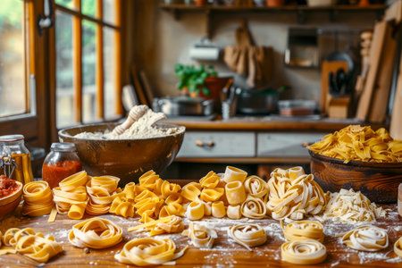 Homemade Italian Pasta Varieties on Wooden Kitchen Table in Rustic Home Setting AI Generativeの素材