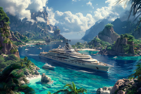 Majestic Luxury Yacht Anchored in a Serene Tropical Bay with Crystal Clear Water, Lush Green Mountains and a Vibrant Skyscape AI Generativeの素材