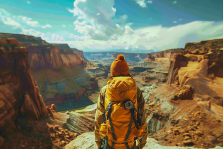 Solo Traveler with Backpack Standing on Cliff Enjoying Majestic View of Canyon Under Blue Sky AI Generativeの素材