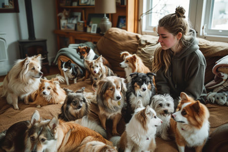 Young Woman Enjoying Quality Time with Her Happy Pack of Various Breed Dogs at Home AI Generativeの素材