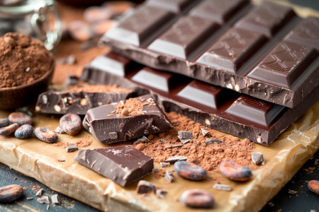 Artisan Dark Chocolate Bar Chunks and Cocoa Beans on Rustic Wooden Background for Gourmet Confectionery Concept AI Generativeの素材