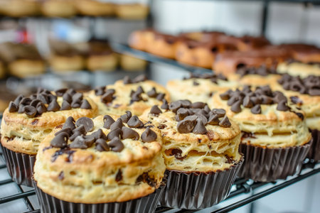 Delicious Chocolate Chip Muffins Displayed on Bakery Shelf, Sweet Homemade Treats, Fresh Baked Goods in a Cafe AI Generativeの素材