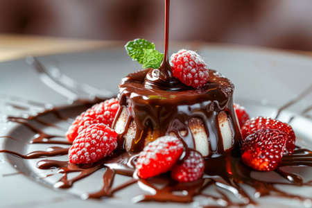 Decadent Chocolate Lava Cake Garnished with Fresh Raspberries and Mint on Elegant Plate AI Generativeの素材