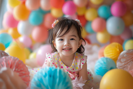 Happy Toddler Girl Smiling at Festive Event Among Colorful Balloons and Decorations Childhood Joy and Celebration Concept AI Generativeの素材