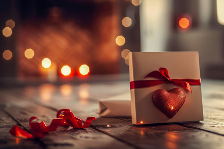 Romantic Valentine&#39;s Day Card with Red Heart Ribbon on Wooden Table with Soft Candle Light AI Generativeの素材