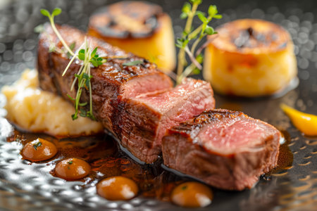 Gourmet Medium Rare Beef Steak Slices with Mashed Potatoes, Grilled Mushrooms, and Herb Garnish on Elegant Dark Background AI Generativeの素材