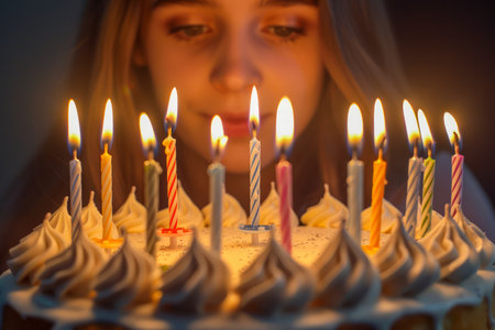 Young Woman Gazing at Burning Candles on Birthday Cake with Intimate Lighting AI Generativeの素材