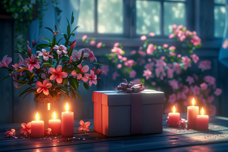 Serene Evening Scene with Blooming Flowers, Lit Candles, and Gift Box by a Window with Moonlight AI Generativeの素材