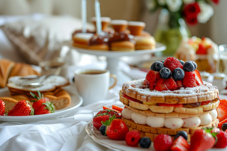 Delicious Gourmet Breakfast Spread with Fresh Fruit Toppings, Pastry Assortment, and Coffee on a Cozy Bed Setting AI Generativeの素材