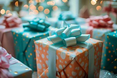 Array of Wrapped Gifts in Soft Hues with Ribbons and Bows Against a Sparkling Light Bokeh Background AI Generativeの素材