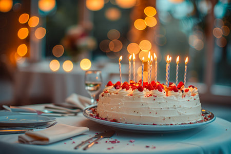 Elegant Birthday Cake with Lit Candles and Festive Decorations at Evening Party, Bokeh Lights Background AI Generativeの素材