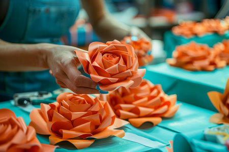 Artisan Crafting Orange Paper Roses by Hand on a Teal Tabletop Creativity, Handmade Floral Decorations, Artistic Workshop AI Generativeの素材