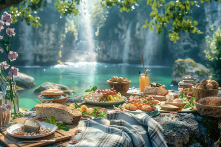 Enchanted Forest Picnic by Tranquil Waters with Gourmet Food Spread and Natural Scenery AI Generativeの素材