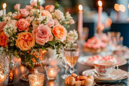 Elegant Floral Centerpiece and Table Setting at Upscale Event with Champagne and Candles AI Generativeの素材