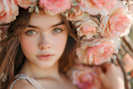 Young Woman with Floral Wreath Gazing Intently, Fresh Blossoms and Natural Beauty Concept, Spring Femininity Portrait AI Generativeの素材