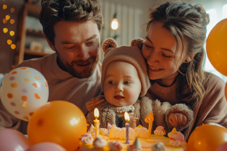 Happy Family Celebrating Baby&#39;s First Birthday with Cake and Candles in a Cozy Home Environment with Balloons and Warm Lights AI Generativeの素材