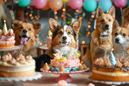 Joyful Corgi Dogs at Birthday Party with Colorful Balloons and Delicious Dog Friendly Cakes Celebration AI Generativeの素材