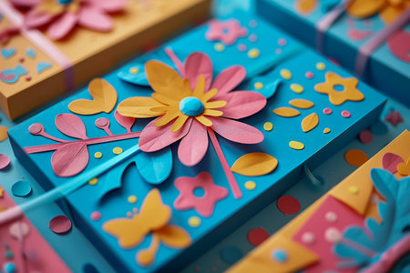 Vibrant Handcrafted Paper Flowers and Decorative Patterns on Blue Wooden Tray Artistic Craft AI Generativeの素材
