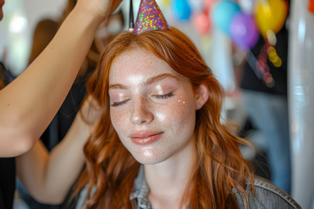 Radiant Young Woman with Party Hat Enjoying Festive Atmosphere, Birthday Celebration with Decorations and Joyful Mood AI Generativeの素材