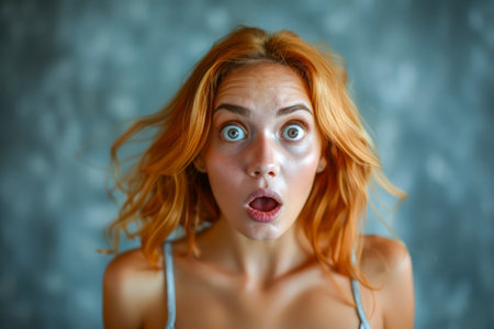 Portrait of a Redhead Woman with Wide Eyes Expressing Shock and Surprise Against a Blurred Background AI Generativeの素材