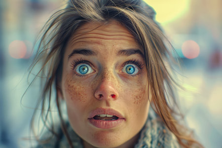 Portrait of a Surprised Young Woman with Big Blue Eyes and Freckles Looking at Camera AI Generativeの素材