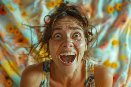 Expressive Young Woman with Wide Eyed Surprise Emotion on Colorful Floral Background AI Generativeの素材