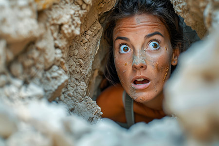 Close up Portrait of a Surprised Woman Peering Through Rocky Opening with Wide Eyes AI Generativeの素材