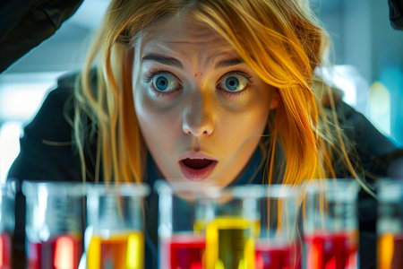 Young Female Scientist in Lab Showing Shocked Expression Discovering Unexpected Results AI Generativeの素材