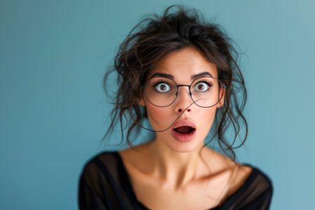 Surprised Young Woman with Big Glasses Expressing Shock and Amazement on Plain Background in Studio Portrait AI Generativeの素材