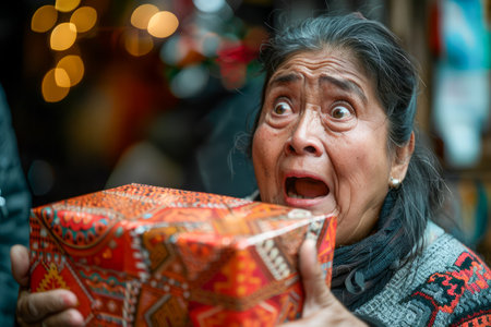 Excited Elderly Woman Astonished by Unexpected Gift at Holiday Celebration with Bokeh Background AI Generativeの素材