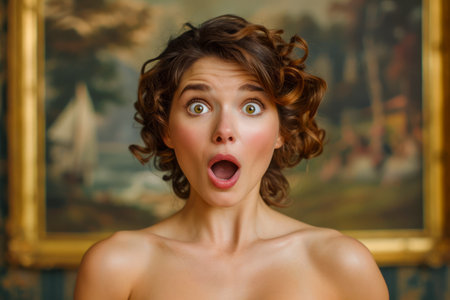 Shocked Young Woman with Curly Hair Expressing Surprise in Front of Classical Painting Background AI Generativeの素材