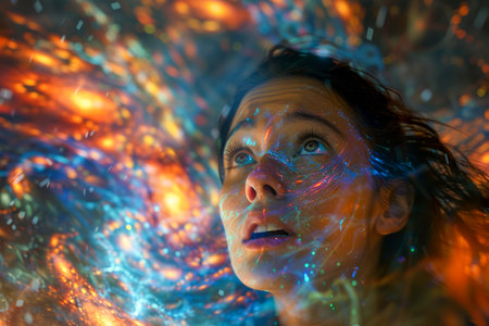Woman in Awe Surrounded by Vivid Light Patterns and Cosmic Colors, Artistic Concept of Wonder and Curiosity AI Generativeの素材