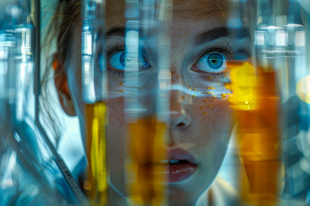 Intrigued Female Scientist Examining Yellow Chemical Substances in Laboratory Test Tubes with a Focused Look AI Generativeの素材