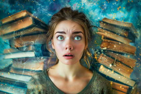 Surprised Young Woman with Flying Books in Mystical Cosmic Background Conceptual Artwork AI Generativeの素材