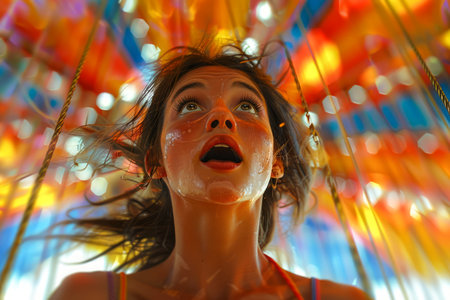 Woman Astonished by Vibrant Colors at Carnival, Vivid Amusement Park Experience, Joyful Outdoor Festival Atmosphere AI Generativeの素材