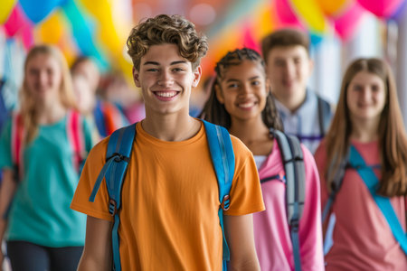 Group of Diverse High School Students Walking in Hallway with Backpacks, Smiling Teenagers with Colorful Decorations AI Generativeの素材