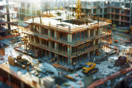 Busy Construction Site with Machinery and Workers at Sunset, Urban Development and Architecture Concept AI Generativeの素材