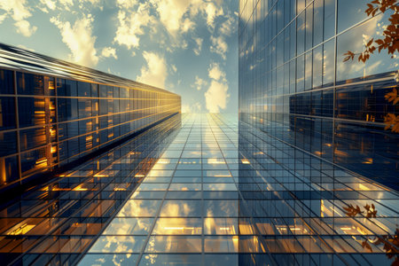 Majestic Modern Skyline Reflections of Sunset on Glass Skyscrapers with Autumn Foliage AI Generativeの素材