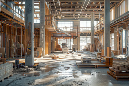 Bright Interior of a Large Industrial Construction Site with Wooden Framework and Scaffolding Bathed in Sunlight AI Generativeの素材