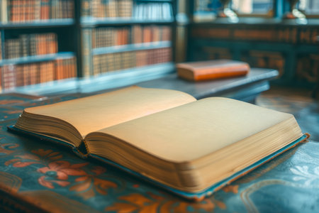 Vintage Opened Hardcover Book on an Ornate Wooden Table with Blurred Library Bookshelves in the Background AI Generativeの素材