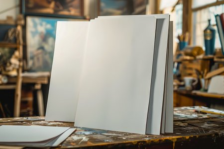 Blank Art Sketchbook Opened on a Wooden Table Amidst Artistic Supplies in a Bright Creative Studio AI Generativeの素材