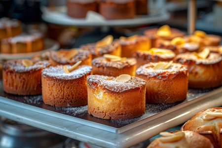 Delectable Freshly Baked Pastries Displayed in a Bakery, Assorted Sweet Tarts With Powdered Sugar and Nuts AI Generativeの素材