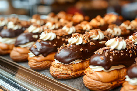 Delicious Fresh Chocolate Eclairs with Cream and Nuts on Display at a Bakery Shop Window AI Generativeの素材