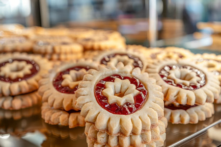 Close Up of Delicious Linzer Tart Cookies With Raspberry Jam on Display in Bakery Shop AI Generativeの素材