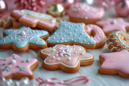 Assorted Hand Decorated Sugar Cookies in Stars, Hearts, and Animals Shapes with Icing and Sprinkles on a Table AI Generativeの素材