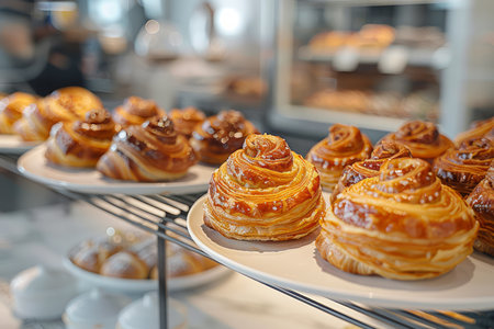 Delicious Freshly Baked Cinnamon Rolls on Display at Bakery Counter with Glass Reflections and Bakery Interior in Background AI Generativeの素材