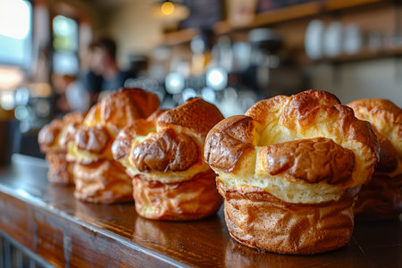 Fresh Baked Brioche Bread in Artisan Bakery Display With Blurred Barista in Background AI Generativeの素材