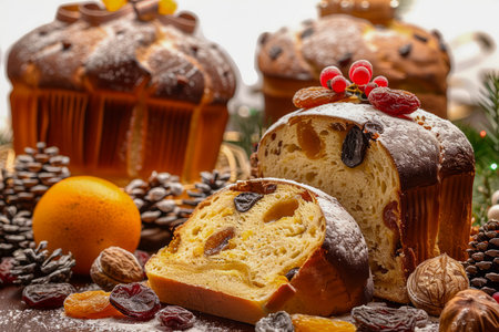 Festive Christmas Panettone and Stollen Bread with Dried Fruits, Nuts, and Holiday Decorations on Rustic Table AI Generativeの素材