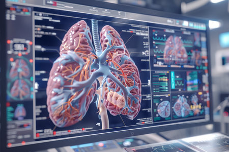 Advanced Human Respiratory System Analysis on High Tech Medical Interface Displaying Detailed Lung Anatomy in Modern Clinical Laboratory Environment AI Generativeの素材